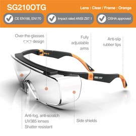 DEX FIT SG210 OTG Safety Glasses for Glasses Wearers, Z87 Eye Protection, Anti-Fog and Scratch Resistant, Adjustable for Men and Women, UV Glasses (Black and Orange Frame, Clear Lenses)