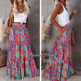 Timuspo Maxi Skirt Women's Long Elegant Boho Skirt Casual Midi Skirt A-line Plain Summer Skirt Skirts with Pockets Elastic High Waist Beach Skirt Casual Skirt, Colourful