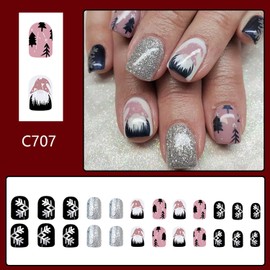 Christmas Press on Nails Short Square Fake Nails With Snowflake Christmas Tree Gnome Designs Xmas Glitter False Nails Full Cover Stick on Nails Acrylic Winter Artificial Nails for Women 24 Pcs