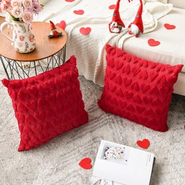 Artoid Mode Red Soft Artificial Fur Jacquard Heart Cushion Covers Set of 2 45 x 45 cm Plush Velvet Sofa Cushion Decorative Cushion Cover Bedroom Decoration