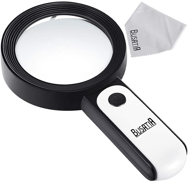 BUSATIA Magnifying Glass 30X, 18LED Handheld Magnifying Glass with Light, 4in Large Glass Magnifier with 3 Modes, Illuminated Magnifying Glass for Reading, Hobbies - with a Lens Cloth (White + Black)