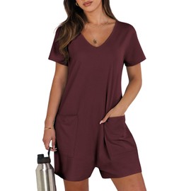 ANRABESS Women's Summer Casual Rompers Short Sleeve V Neck Loose Fit Jumpsuit 2025 Trendy One Piece Jumps with Pockets, Burgundy, X-Large