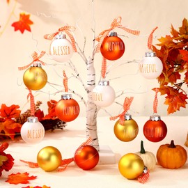 Thinkday 24 Pcs Thanksgiving Ball Ornaments for Tree 2.36 Inch Fall Plastic Hanging Ornaments Orange Ball Ornaments Thanksgiving Hanging Decorations for Home Harvest Decor (Orange,Yellow,White)