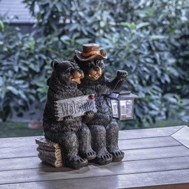 Alpine Corporation 15" Tall Outdoor Bear Couple with Lantern and Welcome Sign Statue with Solar LED Light Yard Art Decoration