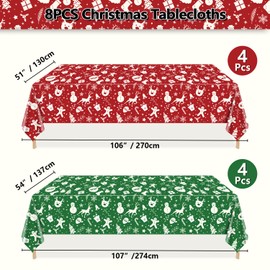 Christmas Tablecloths for Rectangle Table, 87x51'' Santa Claus Snowman Reindeer Snowflake Xmas Plastic Disposable Table Cover for Christmas Party Winter Events Decorations, Red and Green, 8 Pack