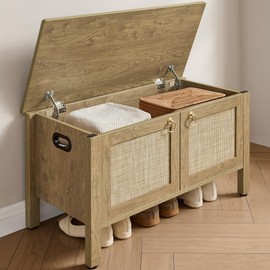 SICOTAS Rattan Shoe Rack Bench with Lift Top Storage: Farmhouse Boho Wide Shoe Cabinet Entryway Bench with Safety Hinges, Wooden Storage Chest for Bedroom, Entryway, Hallway, Living Room