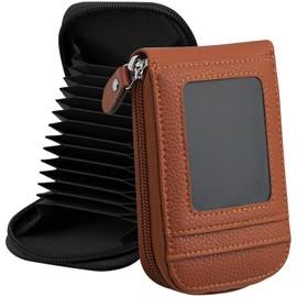 DKER - Funda de piel auténtica con ventana de identificación, Negro+marrón