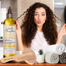 Bundle of Wooden Hair Comb - 18cm - 17g - Pale, and Carol's Daughter Goddess Strength 7 Oil Blend Scalp and Hair Oil for Wavy, Pack of 1