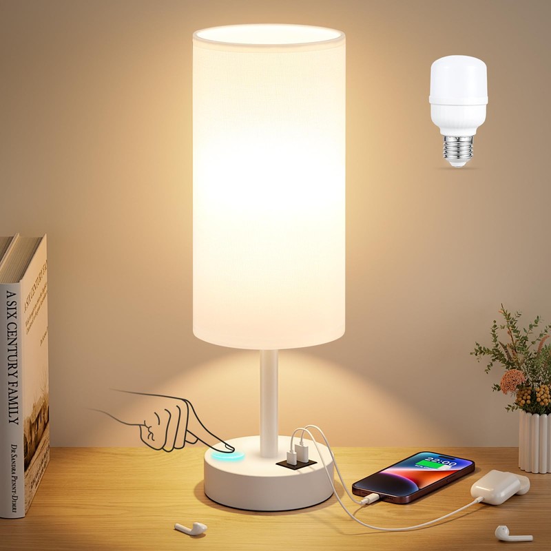 White Touch Bedside Lamp for Bedroom - 3 Way Dimmable
