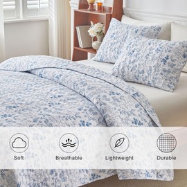 EAVD Vintage Garden Blue Floral Quilt Set Queen Soft Cotton Fresh Chic Blue and White Floral Bedspread Queen Quilt Bedding Set Reversible Botanical Quilt with 2 Pillow Shams for All-Season