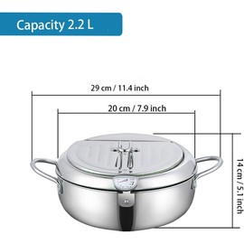 Deep Fryer Pot 304 Stainless Steel, 2.2L Frying Chicken Pot with Thermometer Control and Lid, Japanese Style Tempura Fryer Pot
