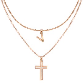 ZENI womens+clearance+sale,prime+deals+today+clearance, Dainty Cross Necklaces for Women, Rose Gold Layered Chain Initial V Choker, Christian Jewelry CZ Cross Faith Communion Baptism Gifts
