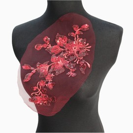 SUNMOVE Embroidery Sequin Lace Applique Sewing Flower Fabric Collar Patch for Wedding Gown Dress Bridal DIY Crafts(Wine