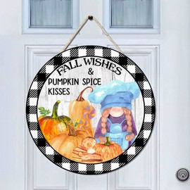 Fall Sign Fall Wishes & Pumpkin Spice Kisses Wood Sign Farmhouse Outdoor Autumn Decor with Gnome Pumpkin for Home Thanksgiving Welcome Sign Hanging Buffalo Plaid Fall Decoration 8 Inch