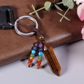moonsix Crystal Hexagon Prism Keychain with 7 Chakra Beads Natural Reiki Healing Stones Keyring Charm Decor for Unisex, Tiger’s Eye Stone