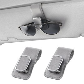 BMLEI Sunglasses Holder for Car, One-Handed-Operation Leather Sunglasses Clip for Car Sun Visor, 2Pack Durable Eyeglasses Holder and Ticket Card Clip, Auto Interior Car Visor Accessories (Gray)