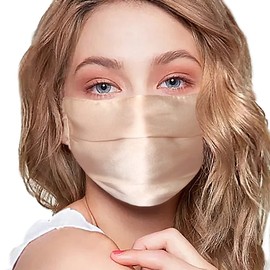 100% Mulberry Silk Face Mask Covering Men & Women Reusable with Ear loops Nose Wire Filter (Champagne, Pleated)