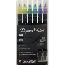 Speedball Elegant Writer Calligraphy 12 Marker Set, Assorted Colors, Dual-Tipped, 1.3 mm & 3.0 mm Chisel and Scroll Nib Pens for Drawing, Journaling, and Scrapbooking