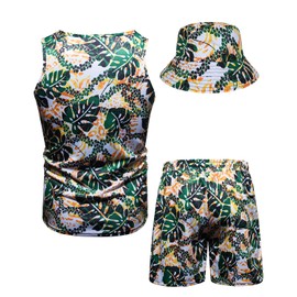 fohemr Mens Hawaiian Outfit Set Luxury Tank Top Short Set Sleeveless Flower Print Beach Outfits with Bucket Hat Green Large