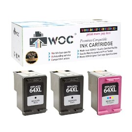 WOC Remanufactured Ink Cartridge Replacement for HP 64 / 64XL (N9J89AN / N9J90AN / N9J90AN / N9J92AN) (Jumbo: 152-200% Higher Yield) (3-Pack: 2X Black + Tri-Color)