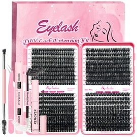 Qiveaory DIY Fluffy Lash Extension Kit 684pcs Lashes Clusters Thick D Curl Eyelash Extension Kit with Lash Bond and Seal,Eyelash Remover Tweezers Brush(10-18mm,50D+60D+80D+100D) DIY at Home