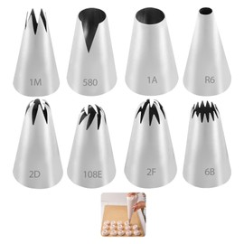 Spritztüllen, 8 Stück, 25 mm, Spritztüllen, wiederverwendbar, Tüllen aus Edelstahl, für die Dekoration von Gebäck, Cupcakes, Muffins, Torte, Kekse (1 m, 2D, 1 A, 6B, 580, 108E, 2F, R6)