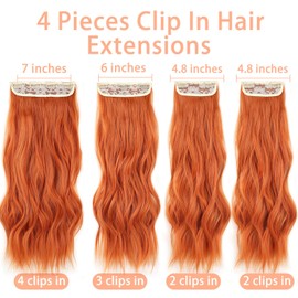 Mscat 16 Inch Wavy Hair Extensions Orange Clip in Hair Extensions Synthetic Hair pieces for Women 4PCS Full Head Set Thick Ginger Curly Wavy Synthetic Hair Extensions(350#)