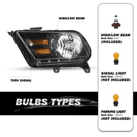 SOCKIR Headlight Assembly w/Bulbs Compatible with 2010 2011 2012 2013 2014 Ford Mustang Left Driver Side and Right Passenger Side (Black Housing with Amber Reflector)