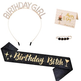 TEJSP Birthday Sash,Birthday Decorations for Women Birthday Sash & Gold Rhinestone Crown Headband & Pearl Pin & Birthday Card for 18th 21st 30th or Any Other Birthday Party