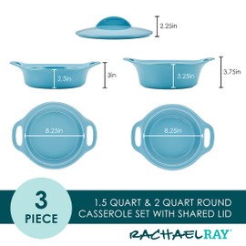 Rachael Ray Solid Glaze Ceramics Casserole Bakeware/Baker Set with Shared Lid, 3 Piece, Agave Blue