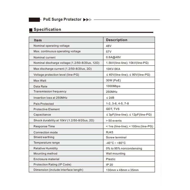 Gigabit PoE+ Ethernet Surge Protector 10KV Lightning Suppressor LAN Network