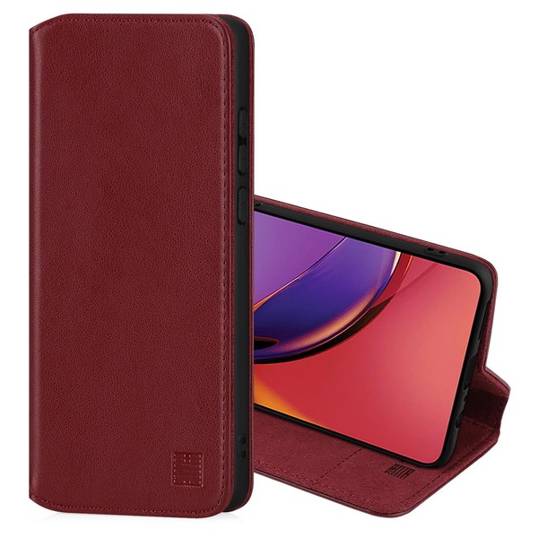 32nd Classic Series 2.0 - Real Leather Book Wallet Flip Case Cover For Motorola Moto G84, With RFID Blocking Card Slot, Magnetic Closure and Built In Stand - Burgundy
