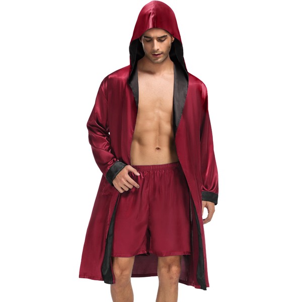 SWOMOG Mens Hooded Robe Satin Bathrobe with Shorts Set Silky