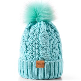 PIOZAED Women's Winter Pompom Beanie Warm and Cozy Knit Hat Fleece Lining Skull Cap for Women Light Green