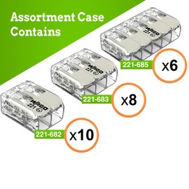 WAGO 221 Series 10 AWG 24pc Splicing Wire Connector Assortment Pack for Hazardous Locations | Compact Lever Nuts Assortment with Case | Includes (10x 221-682), (8x 221-683), (6X 221-685)