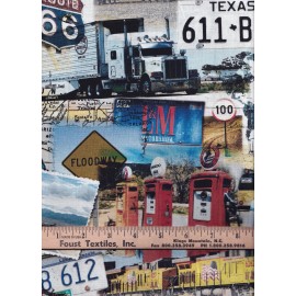 Timeless Treasures ROUTE 66 BY TIMELESS TREASURES BIG RIGS TRAINS GAS PUMP COTTON FABRIC 1/2 YD