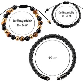 Omky Set de Pulseras para Hombre | Cuero trenzado negro cierre magnético acero inoxidable | Pulsera hilo ajustable piedra onix | Pulsera hilo ajustable piedra ojo de tigre