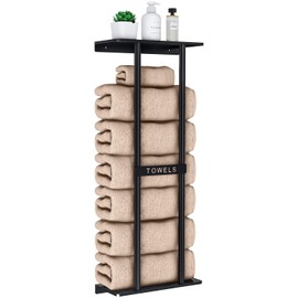 STWWO Bathroom Towel Storage Rack, Towel Racks for Bathroom Wall Mounted 30 inch with Shelf Can Holds 6 Large Towels, Wall Towel Rack for Rolled Towels, Black