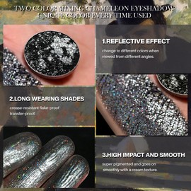 Afflano Chamäleon Schwarz Glitzer Lidschatten, Galaxy Sparkle Schwarz Lidschatten-Palette Mehrfarbig, Black Silver Glitter Eyeshadow Palette, Intensives Pigment Dunkles Silber Goth Smokey Augen Makeup