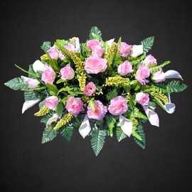 Cemetery Saddle Memorial Decoration - Realistic Silk Faux Floral Artificial Grave Flowers - Cream Pink Roses and Calla Lilies for Headstone Decorating