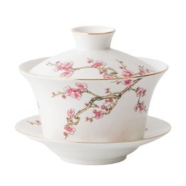 YBK Tech 10oz Large Gaiwan, Porcelain Kung Fu Tea Cup and Saucer with Lid, Chinese Traditional Gaiwan, Sancai Tea Bowl - Embossed Plum Patterns (White)
