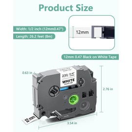 Topcolor 5-Pack Tze Tz Tape 12mm 0.47" White Compatible for Brother 12mm 0.47" Laminated White Tze-231 Tz231 P Touch Label Tape 12mm 1/2" for PT-D210 PT-D202 PT-D220 PTD410 PTD600 PTD400 PT2430