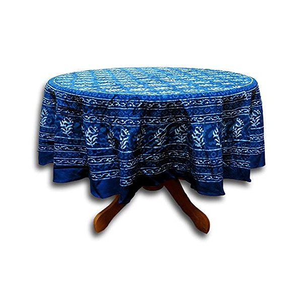 Block Print Round Tablecloth Indigo Blue Cotton Geometric Dabu Floral Design 72 inches Round