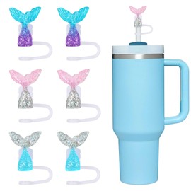 JarThenaAMCS 6Pcs Mermaid Straw Cover Caps Diamond Ocean Silicone Reusable Straws Topper Pink Purple Blue 10 mm/0.4 Inch Straw Tip Lid Protectors for 30/40 OZ Tumbler Cups Accessories
