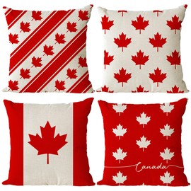Set of 4 Canada Day Pillow Covers 18x18 Canadian Flag Pillow Covers Red White Maple Leaf Pillow Covers Cushion Covers National Day Pillow Cases for Couch Sofa Summer Holiday Home Decoration(18 Inch)