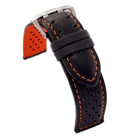 diloy Smooth Perforated Cowhide Leather Rallye Racing Watch Strap - Colourful Stitching and Lining - Sizes 18mm 20mm 22mm 24mm - Black with Red Blue Yellow Orange White - Sporty Design 380, 22 mm