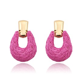 Raffia Dangle Earrings for Women Fun Geometric Oval Raffia Drop Earrings Boho Statement Earrings Summer Beach Earrings Handmade Braid Rattan Earrings for Women (Rose red)