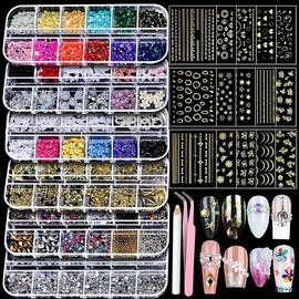 Teenitor Nail Charms Nail Art Kit with 15 Sheets Gold Nail Stickers, 6 Boxes of Nail Gems Nail Art Tools Nail Rhinestones for Nails, Nail Supplies 3D Nail Charms and Gems Nail Decals Nail Pearls