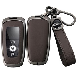 ontto Car Key Fob Cover Fit for Ford Focus Edge Explorer Expedition Everest Fusion Mondeo Mustang 2/3/4/5 buttons Smart Alloy Leather Key holder Shell case bag keyring keychain accessories Brown A