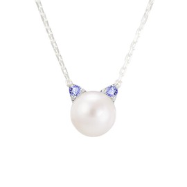 Choice of Birthstone Necklace Women's Ear Pearl Cat Motif Silver Pendant (Uses Real Pearl) MIP1199N, Silver, December: Tanzanite